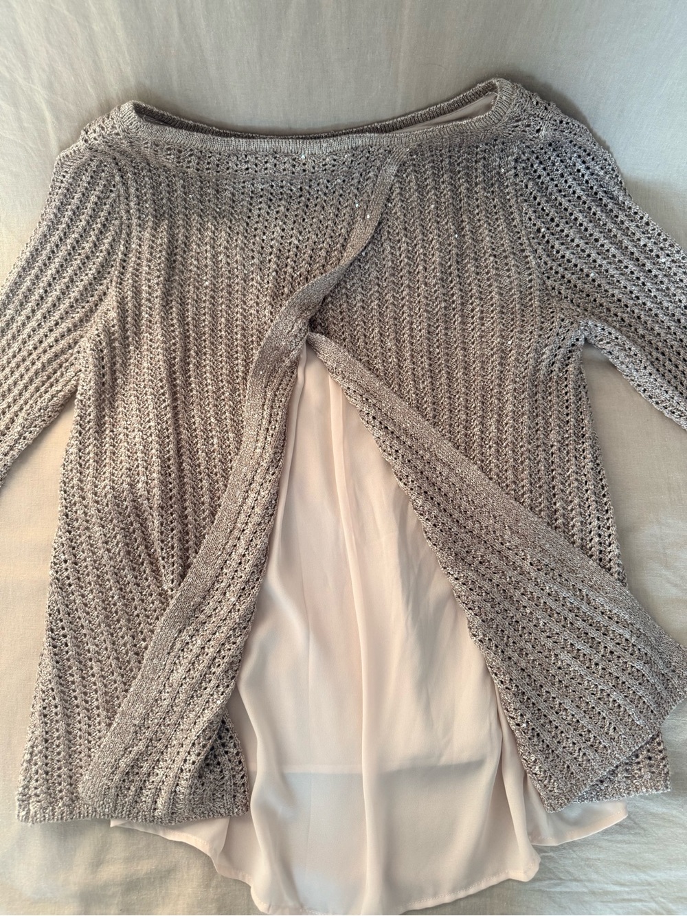 White House Black Market | Champagne Sequin Sweater | Split Back Chiffon Lining - Picture 8 of 14
